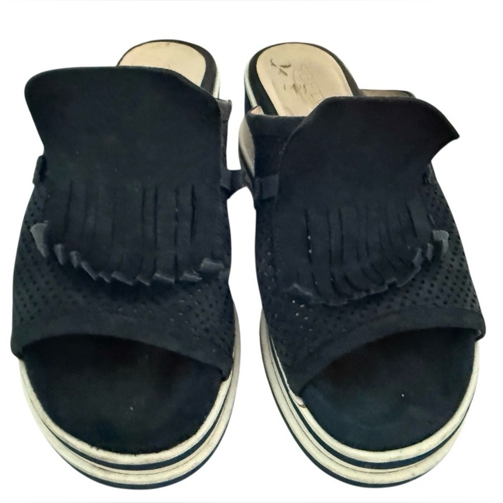 Softwaves Terracare Paltform Wedge Slide Sandals Navy Suede Kiltie Fringe Size 8